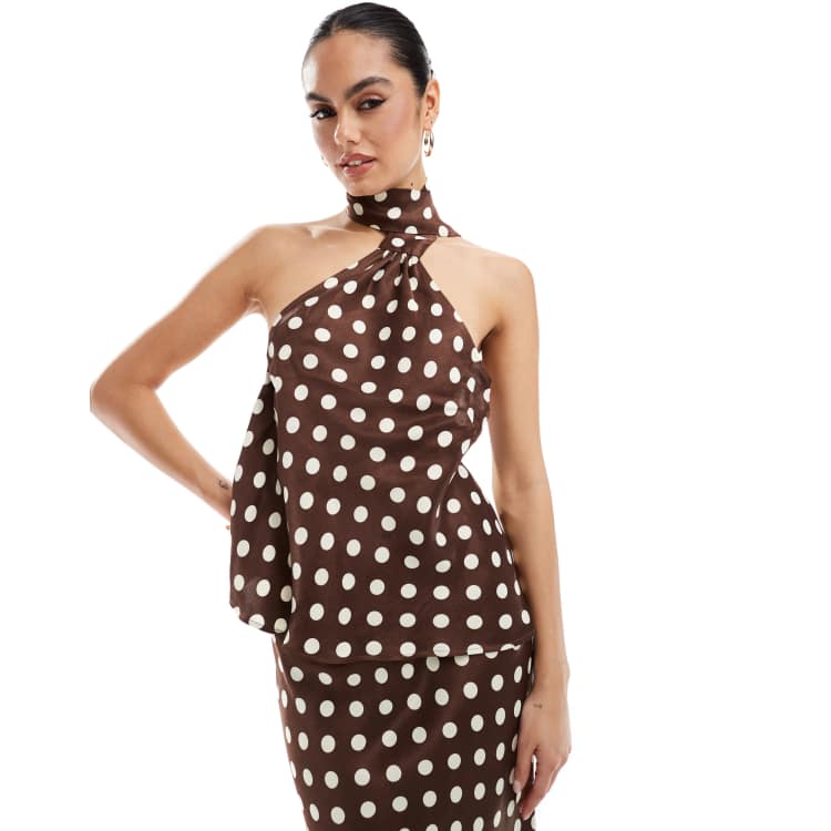 【送料込】 ASOS DESIGN satin scarf neck top in choc polka dot - part of トップス