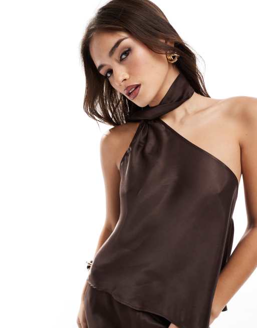 ASOS DESIGN satin scarf neck top co ord in chocolate
