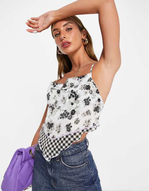 ASOS DESIGN satin scarf top with cowl neck and lace up back in mixed floral print