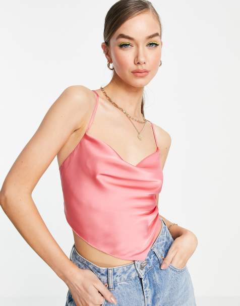 ASOS DESIGN satin scarf top with cowl neck and lace up back in pink - view 1
