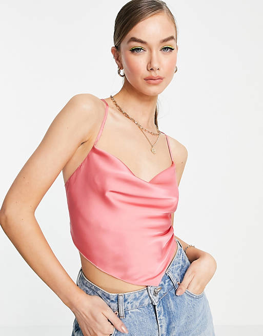 ASOS DESIGN satin scarf top with cowl neck and lace up back in pink