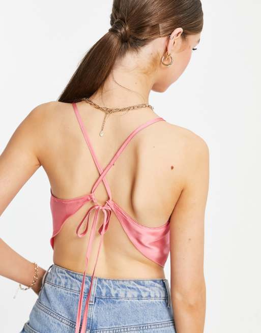 ASOS DESIGN satin scarf top with cowl neck and lace-up back in pink, 3 of 4