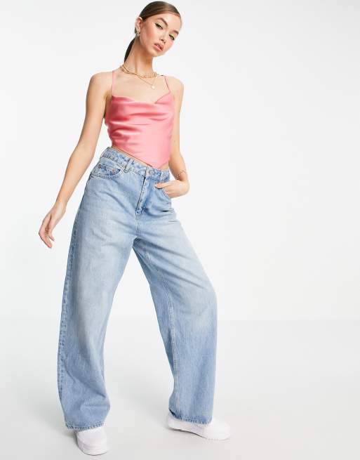 ASOS DESIGN satin scarf top with cowl neck and lace-up back in pink, 4 of 4