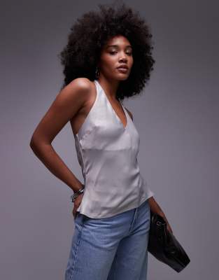 Asos Design Satin Scoop Halter Neck Cami Top In Gray