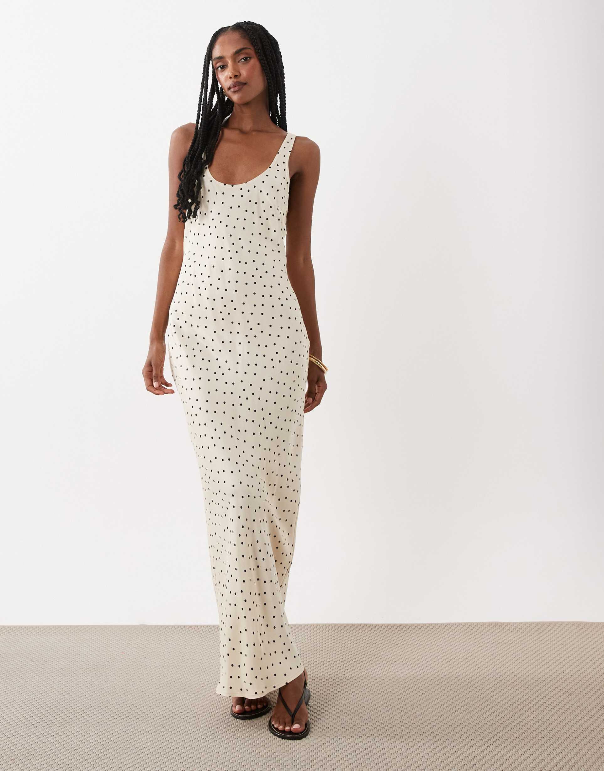 asos design satin scoop neck bias maxi dress in polka dot