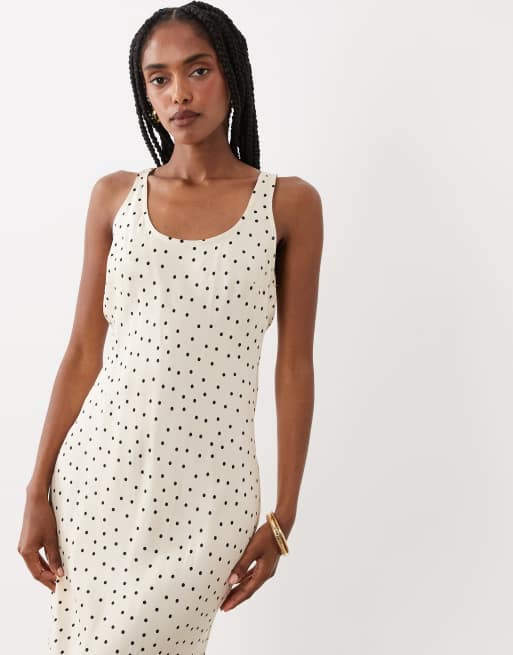ASOS DESIGN satin scoop neck bias maxi dress in polka dot, 3 of 4