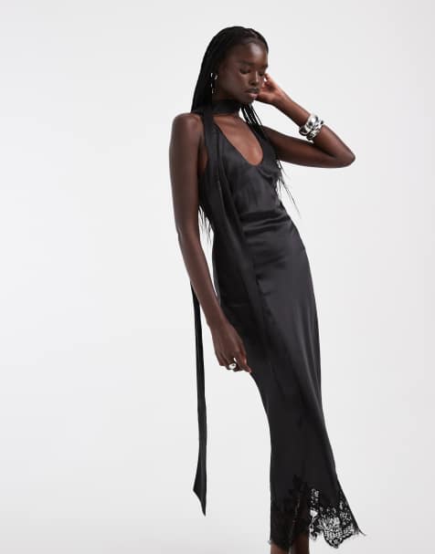 ASOS DESIGN satin scoop neck column maxi dress with lace hem and scarf in black - view 1