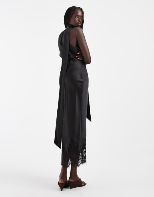 ASOS DESIGN satin scoop neck column maxi dress with lace hem and scarf in black, 4 of 4