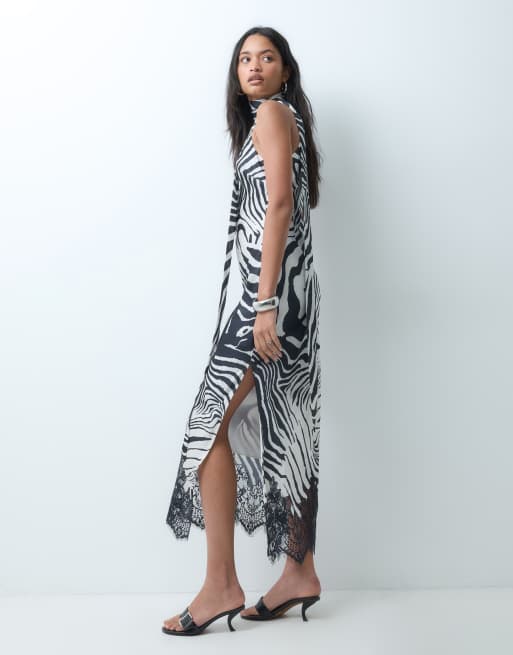 ASOS DESIGN satin scoop neck column maxi dress with lace hem and scarf in zebra print, 2 of 5