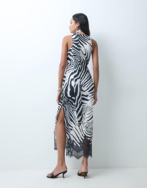 ASOS DESIGN satin scoop neck column maxi dress with lace hem and scarf in zebra print, 5 of 5