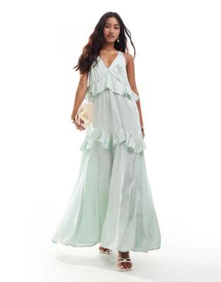 Asos Design Satin Scoop Neck Cross Back Midi Dress With Frills In Sage Green