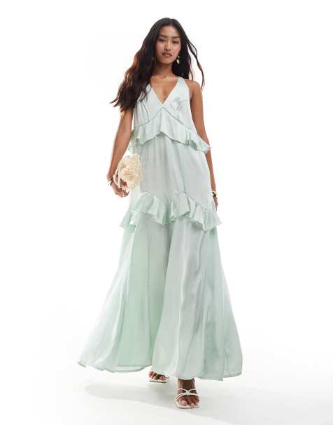 ASOS DESIGN satin scoop neck cross back midi dress with frills in sage green - view 1