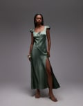[ASOS DESIGN] ASOS DESIGN satin scoop neck flutter sleeve maxi dress in green 8 Green