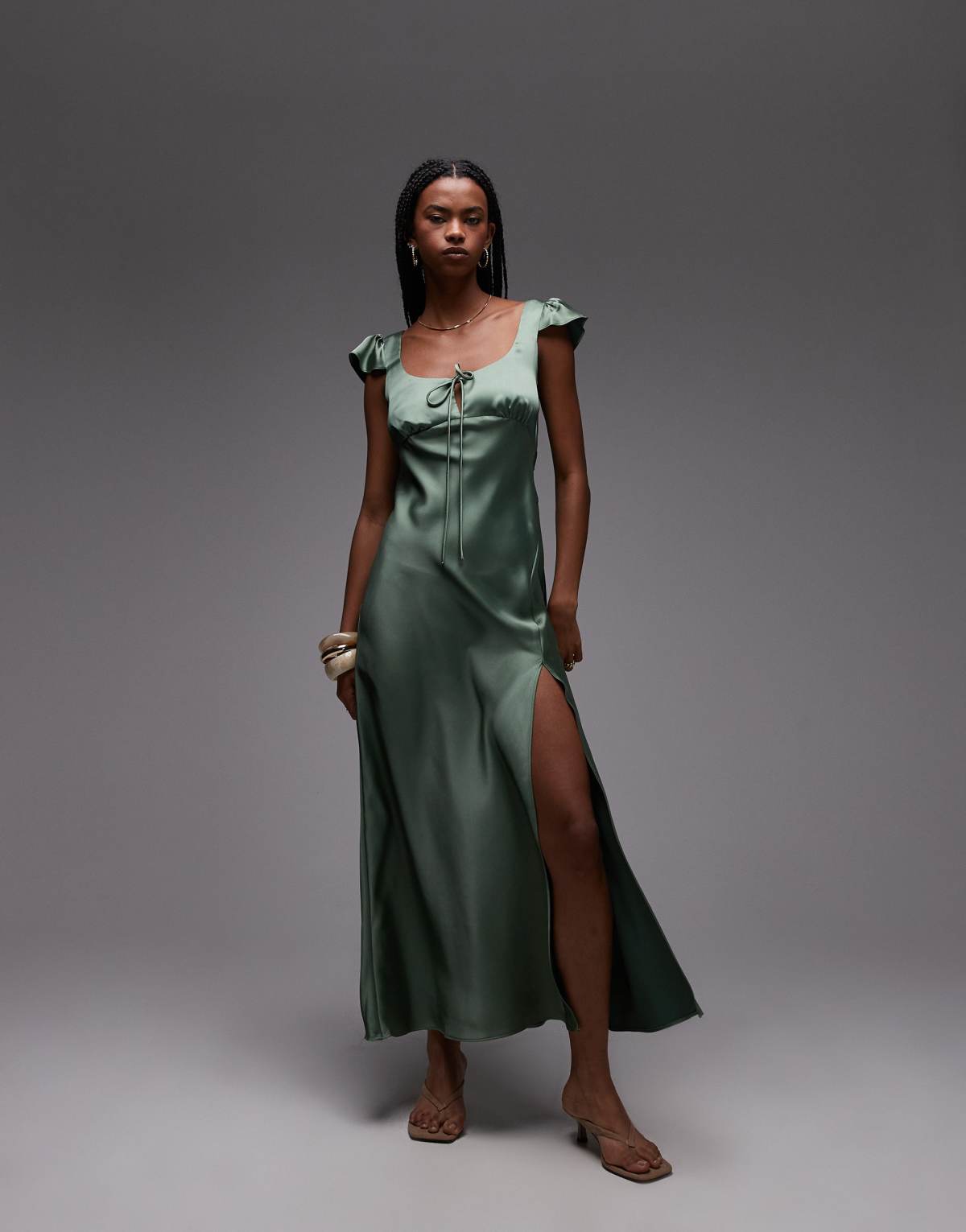 ASOS DESIGN satin scoop neck flutter sleeve maxi dress in green