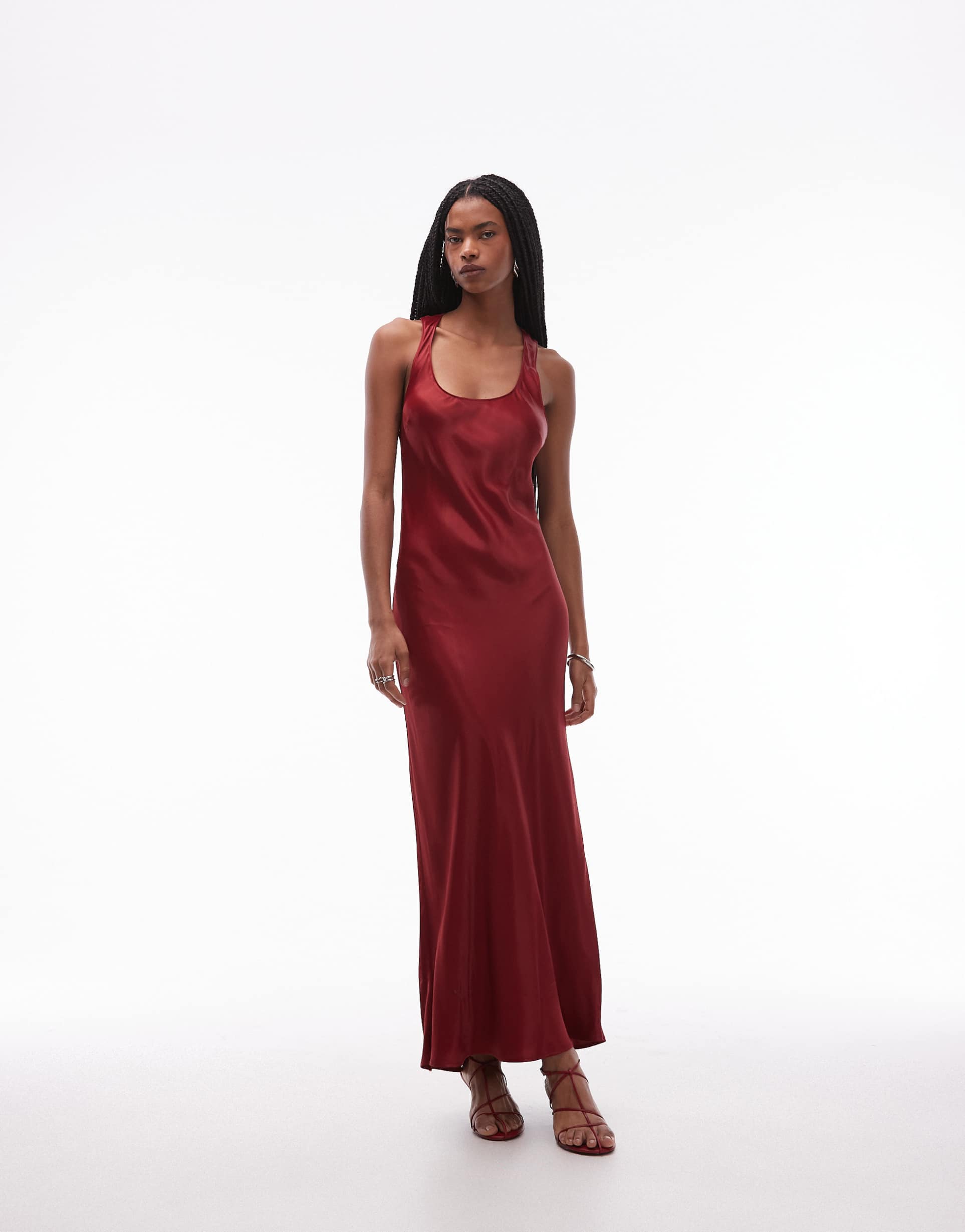 asos design satin scoop neck maxi dress in burgundy