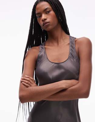 Asos Design Satin Scoop Neck Maxi Dress In Gray