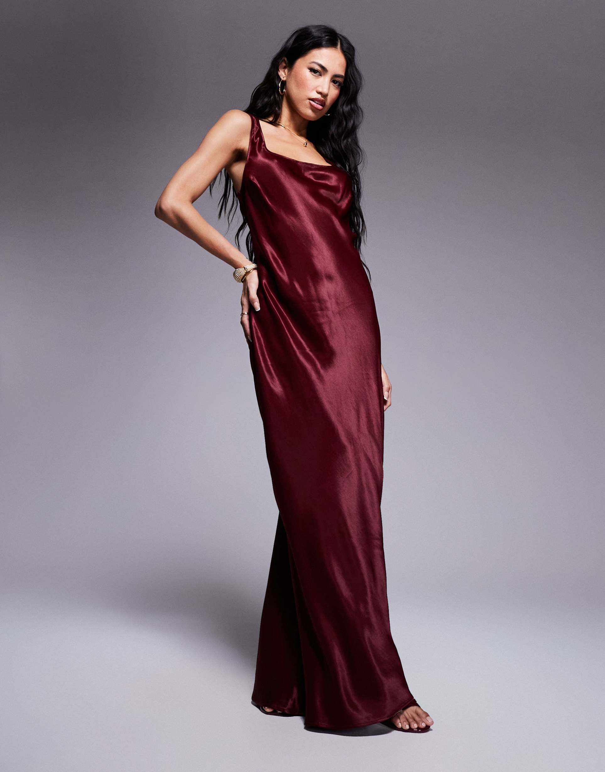 asos design satin scoop neck satin maxi dress in burgundy