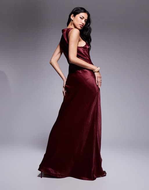 Burgundy satin maxi fashion dress