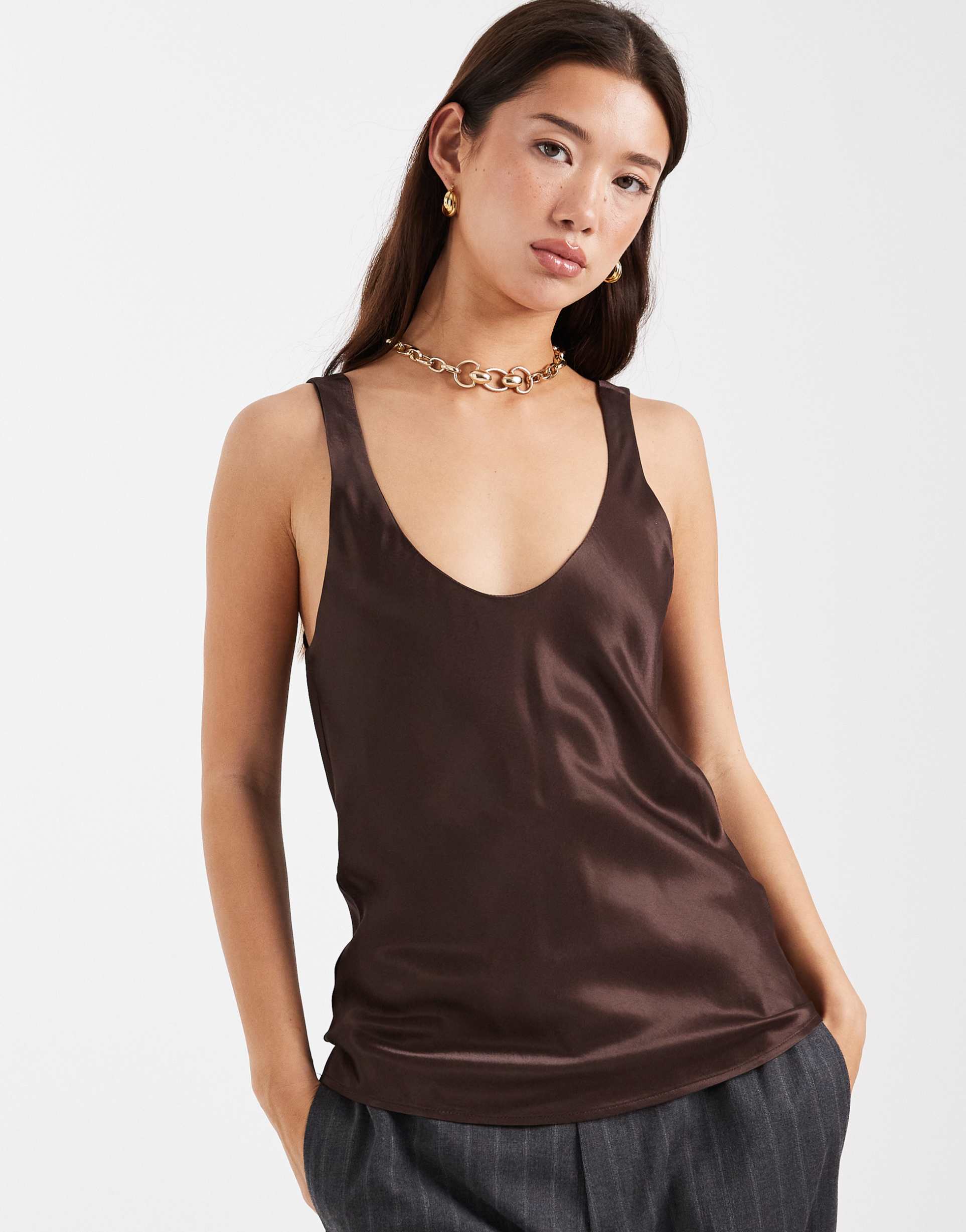 asos design satin scoop neck tank top in chocolate