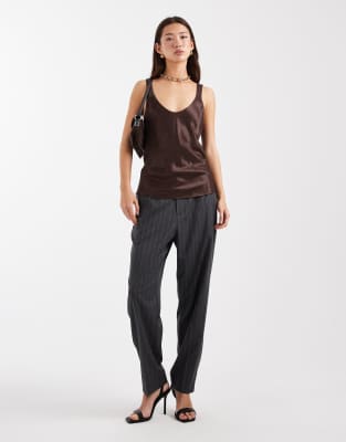 Asos Design Satin Scoop Neck Tank Top In Brown