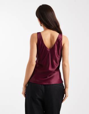 Asos Design Satin Scoop Neck Tank Top In Burgundy