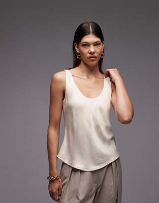 Asos Design Satin Scoop Neck Tank Top In Neutral