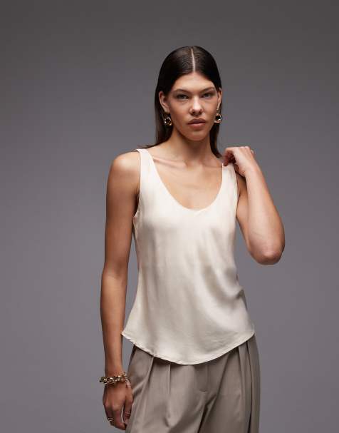 ASOS DESIGN satin scoop neck tank top in stone - view 1
