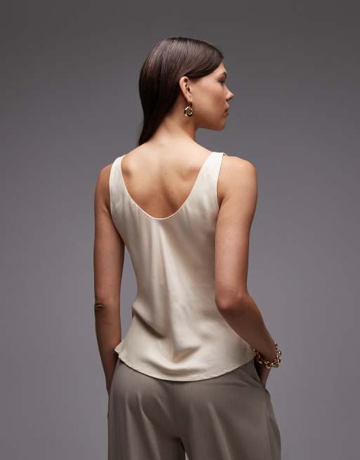 ASOS DESIGN satin scoop neck tank top in stone, 4 of 4