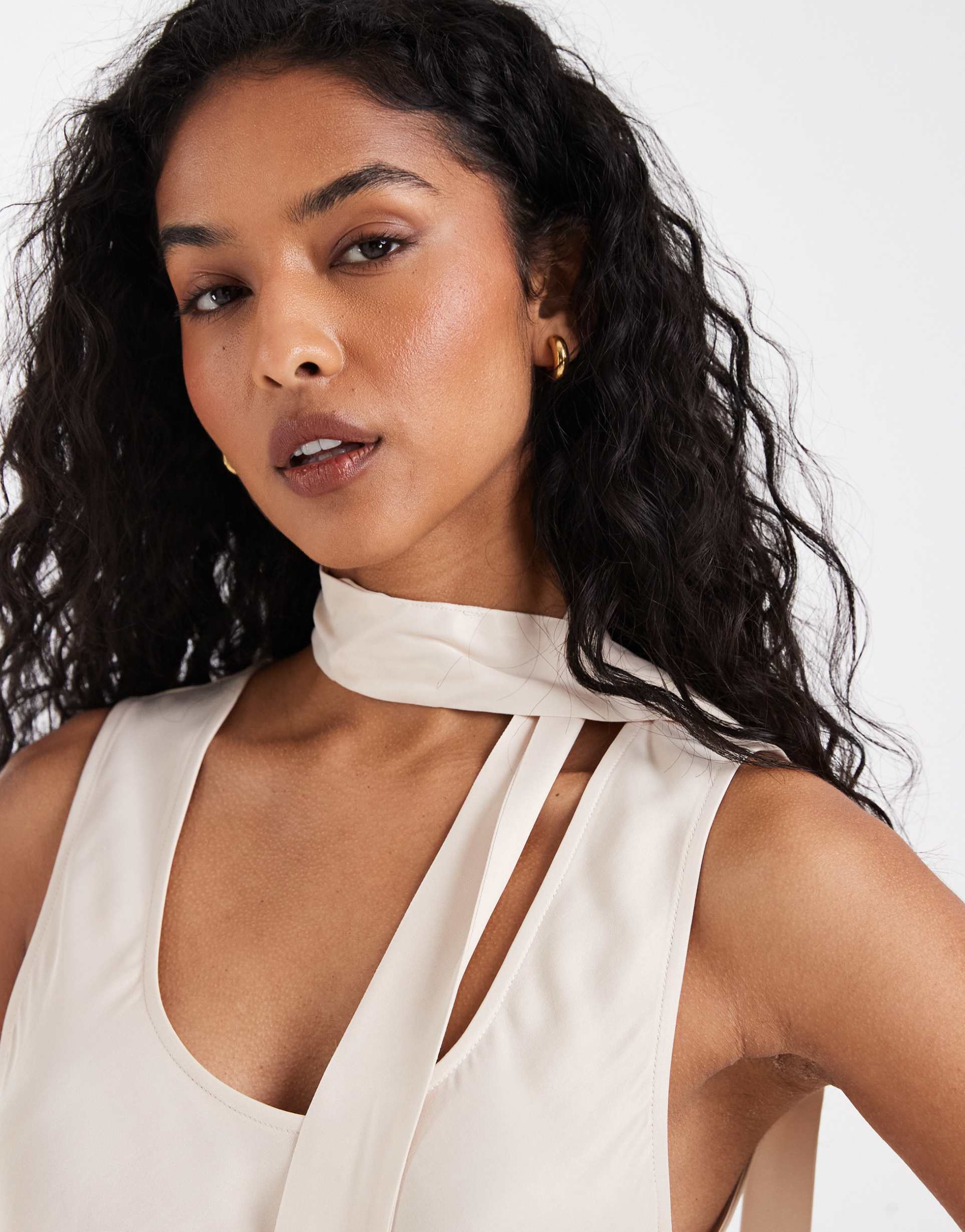asos design satin scoop neck tank top with scarf in champagne