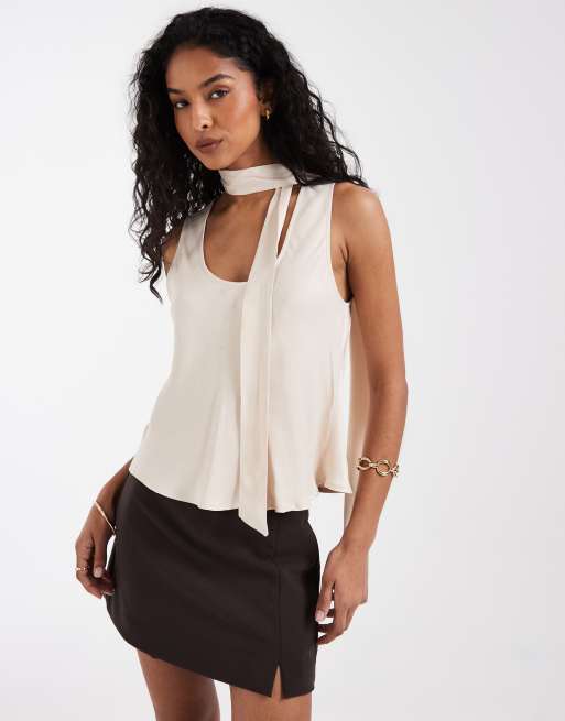 ASOS DESIGN satin scoop neck tank top with scarf in champagne, 2 of 4