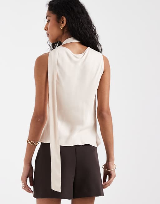 ASOS DESIGN satin scoop neck tank top with scarf in champagne, 4 of 4