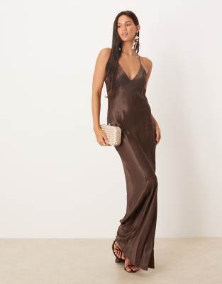 satin seam detail maxi dress in chocolate-Brown