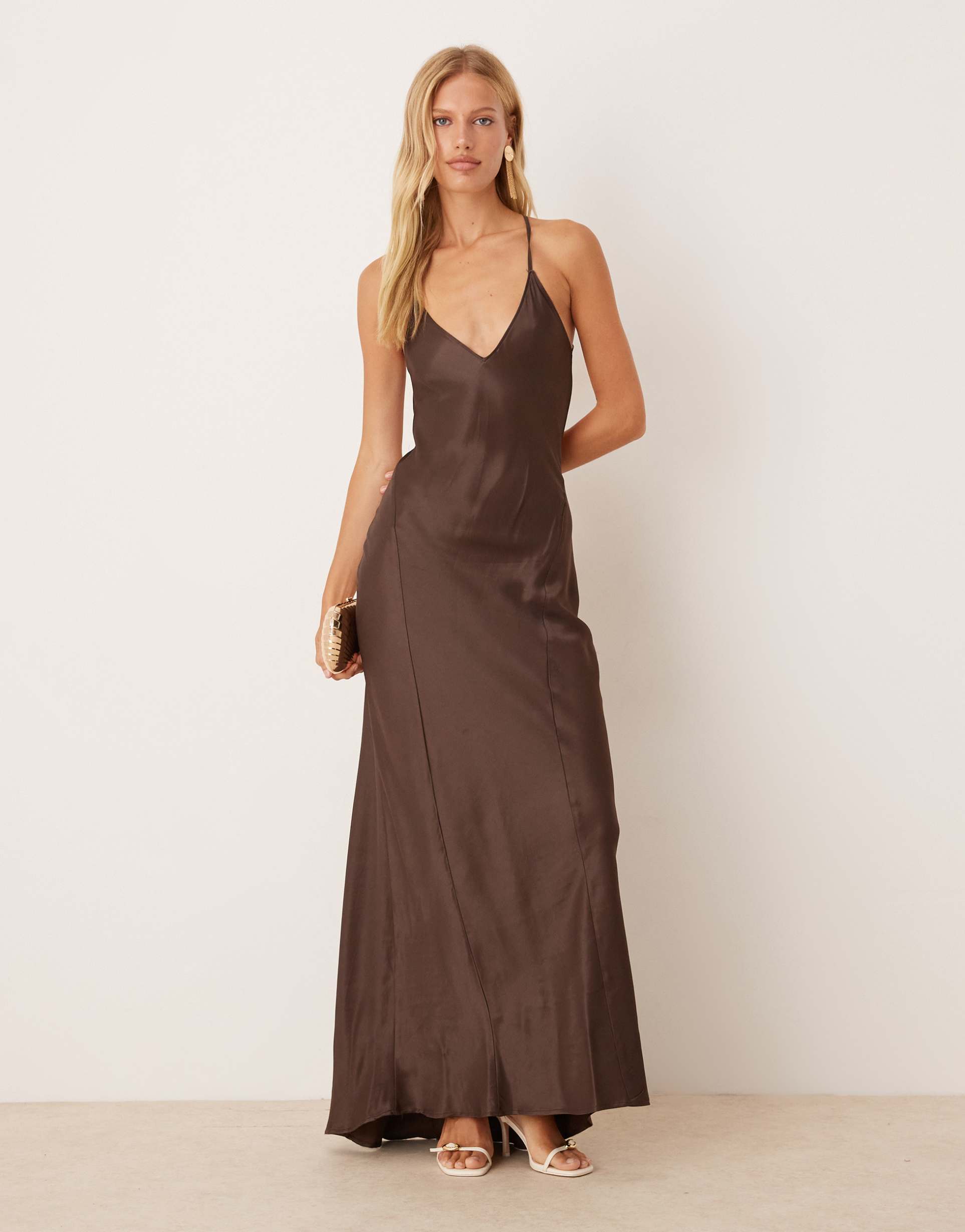 asos design satin seam detail maxi dress in chocolate