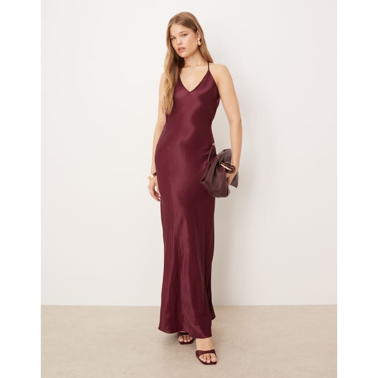 plum satin dress PrettyLittleThing Women's Tie Back Maxi in fuller skirt allows room for hips Plum Bridesmaid Dress Matte Satin