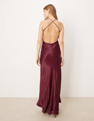 Asos Design Satin Seam Detail Maxi Dress In Burgundy