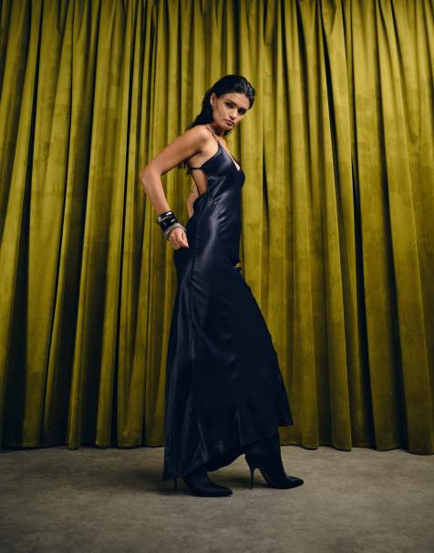 ASOS DESIGN satin seam detail maxi slip dress in navy - view 1