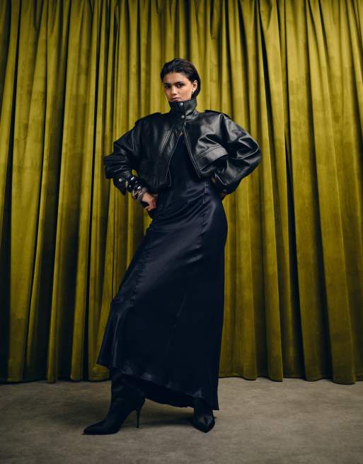 ASOS DESIGN satin seam detail maxi slip dress in navy