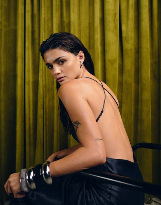 ASOS DESIGN satin seam detail maxi slip dress in navy