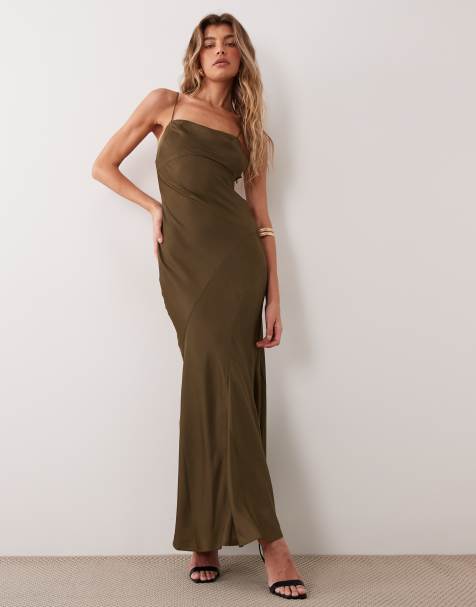 ASOS DESIGN satin seamed fishtail cami maxi dress with low back and tassel ties in olive green