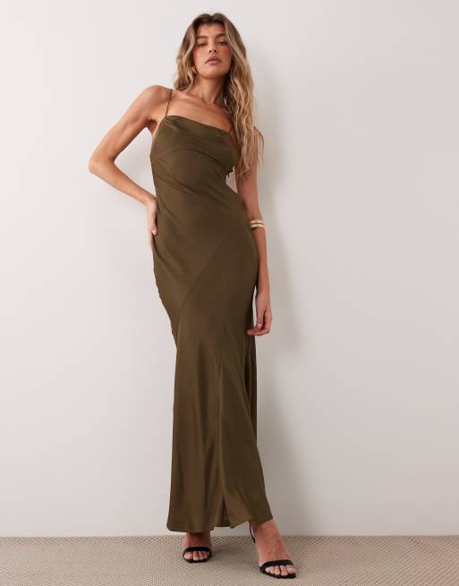 ASOS DESIGN satin seamed fishtail cami maxi dress with low back and tassel ties in olive green, 2 of 4