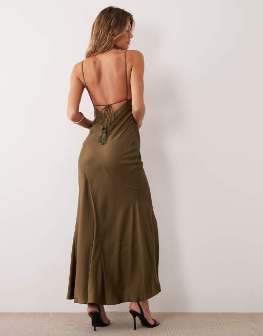 ASOS DESIGN satin seamed fishtail cami maxi dress with low back and tassel ties in olive green, 4 of 4