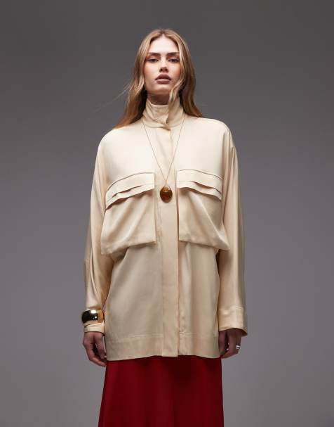 ASOS DESIGN satin shacket with concealed placket and high neck detail in buttermilk
