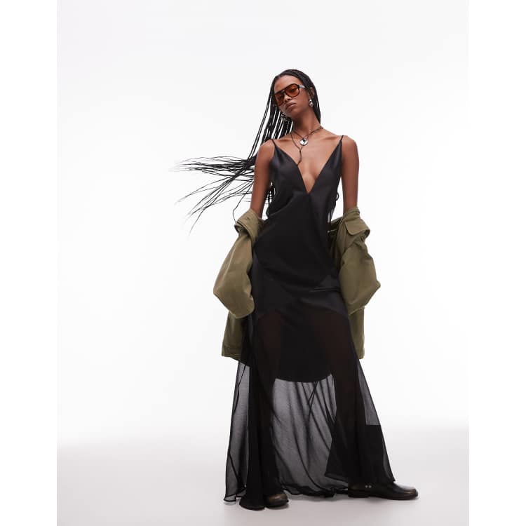 asos black sheer dress DESIGN satin panel maxi slip in size:medium