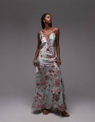 satin sheer panel maxi slip dress in floral-Multi