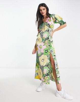 ASOS DESIGN satin shirred cuff midi tea dress with tie front in floral print | ASOS