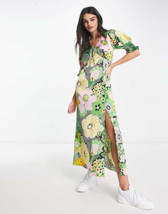 ASOS DESIGN satin shirred cuff midi tea dress with tie front in floral print