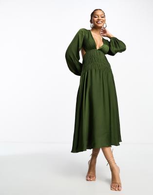 Asos Design Satin Shirred Waist Midi Dress With Blouson Sleeves In Pine Green