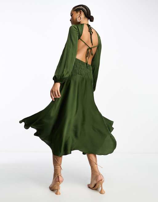 ASOS DESIGN satin shirred waist midi dress with blouson sleeves in pine green