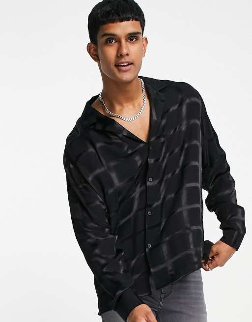 ASOS DESIGN satin shirt in black check jacquard