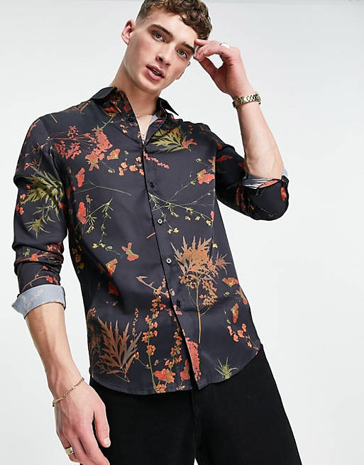 ASOS DESIGN satin shirt in black floral print | ASOS